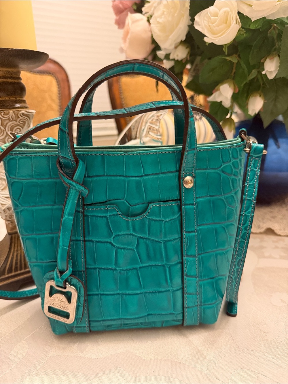 Teal Croc-Embossed Leather Mini Tote with Crossbody Strap